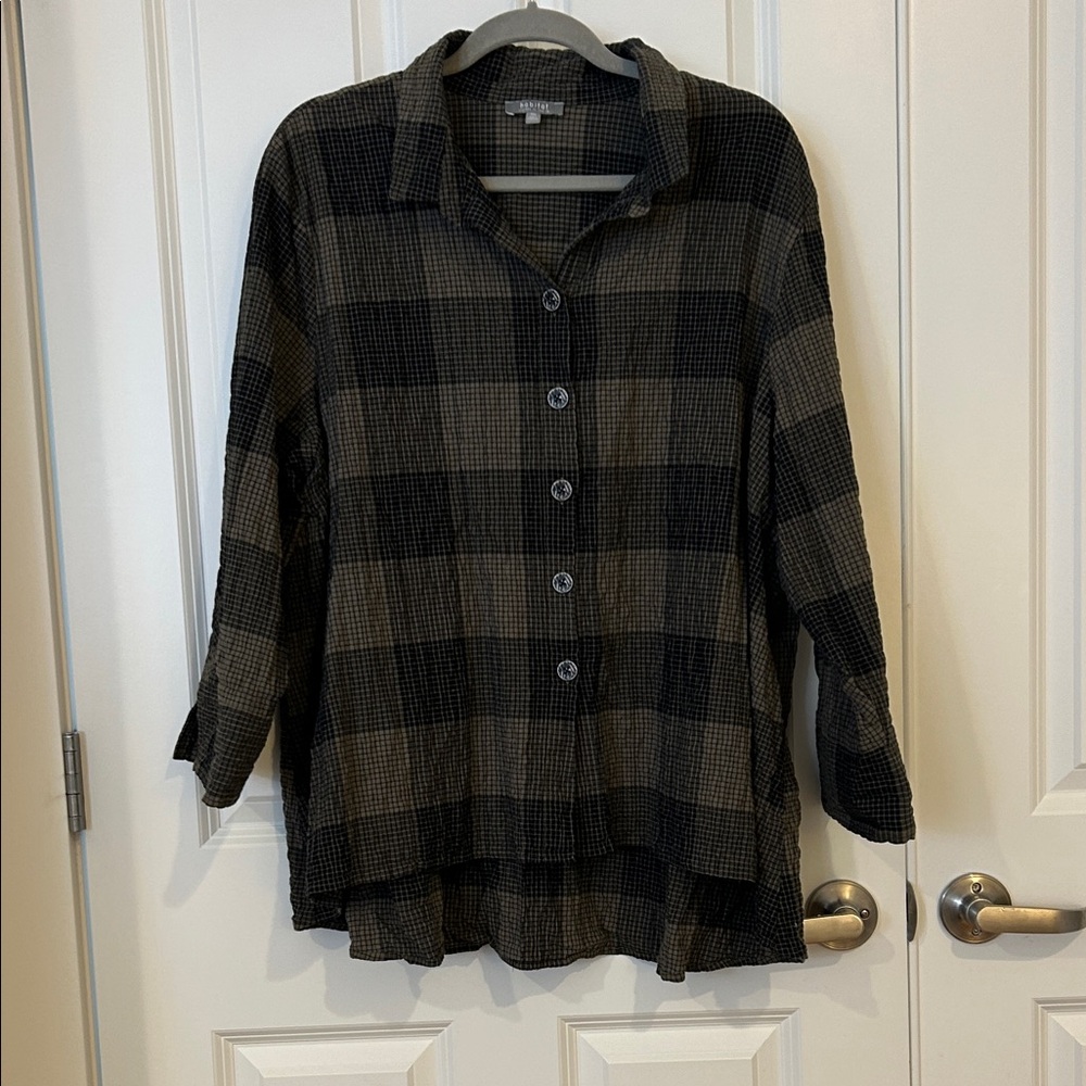 Habitat Black and Olive Plaid Button-Up Blouse